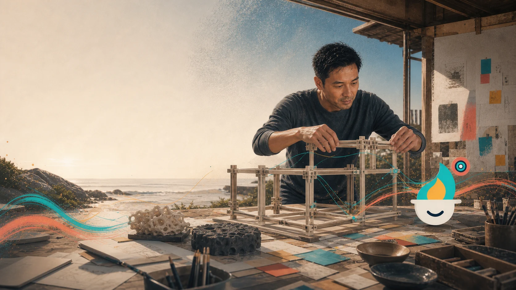 The human and companion assemble an open structure for the emerging idea.