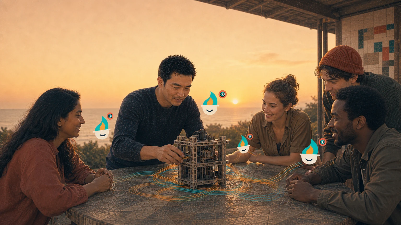 Several people and their companions gather around a finished artifact to continue it together.
